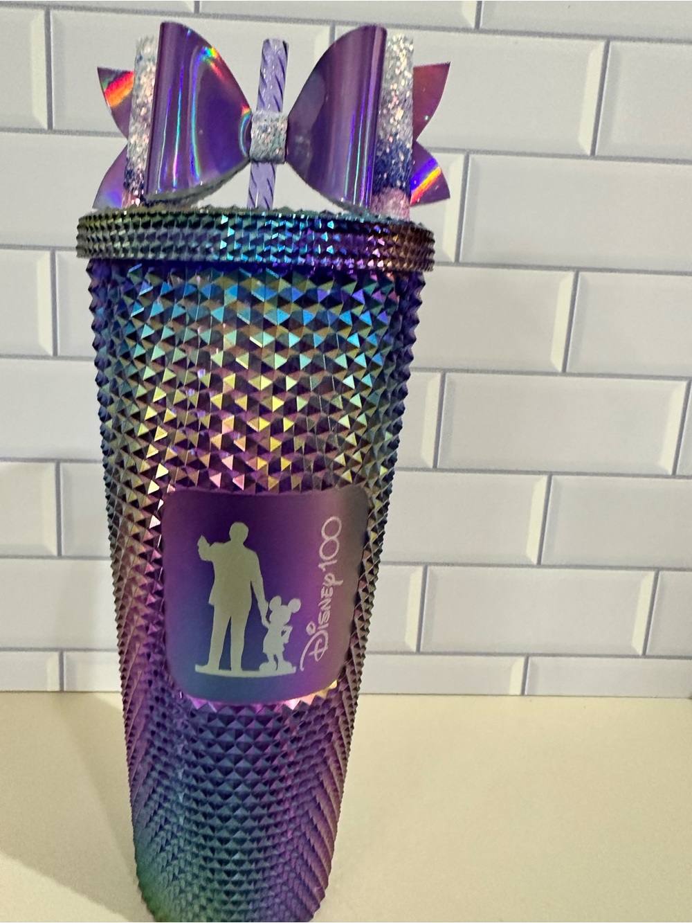 Disney Iridescent Purple-to-Green Studded Tumbler with Bow Lid